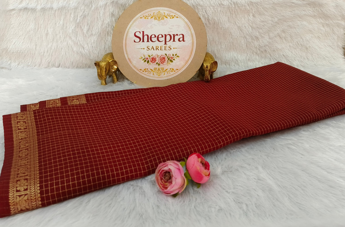 Maroon Golden Checks Mysore Silk Saree