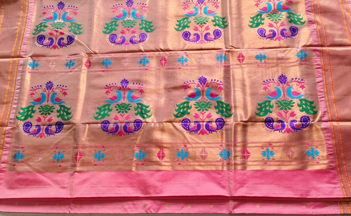 Onion Pink Golden Border Peacock Paithani