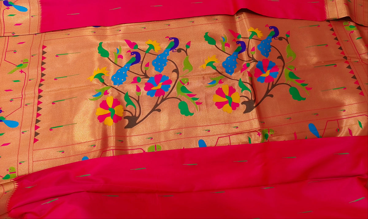 Rani Pink Peacock Parrot Border Paithani
