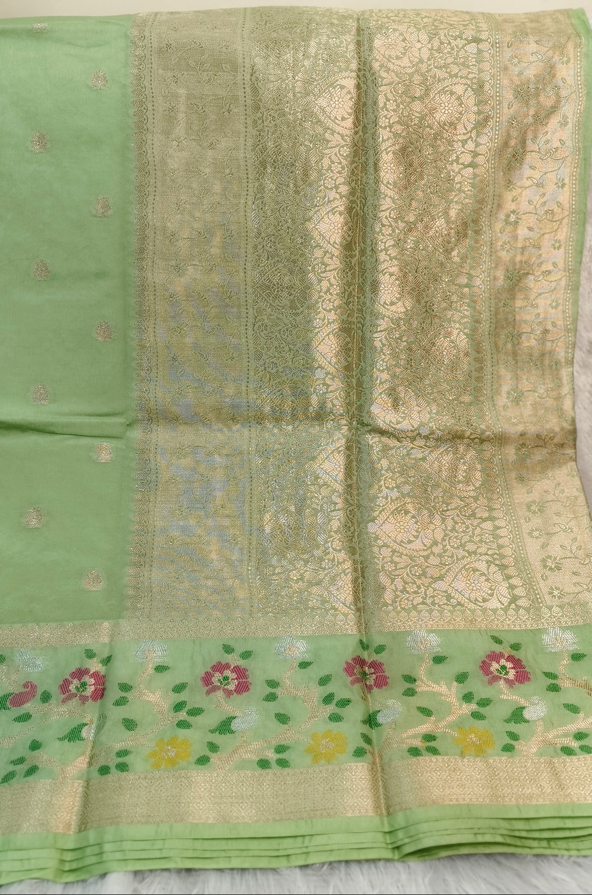 Pista Green with meenakari Border Raw Mango Silk Saree