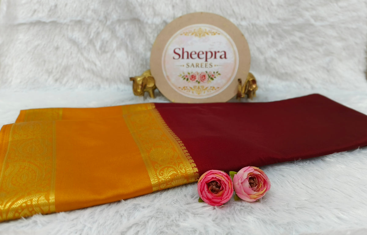 Maroon Golden Yellow Mysore Crape Silk Saree