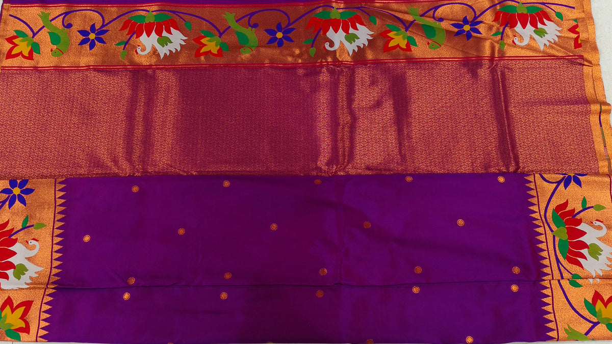 Magenta Duck and Parrot Golden Border Paithani