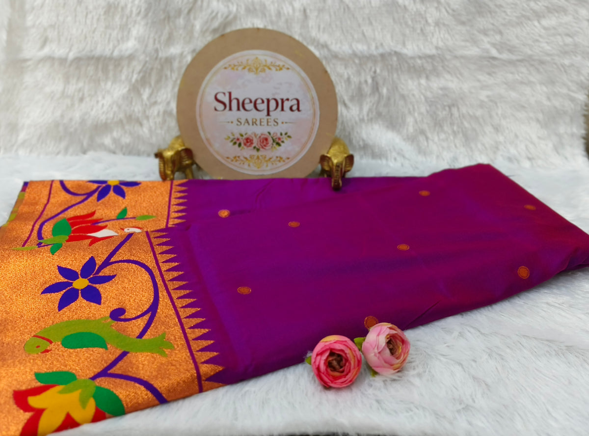 Magenta Duck and Parrot Golden Border Paithani