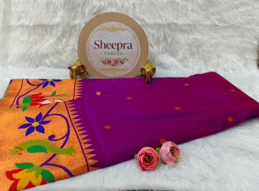 Magenta Duck and Parrot Golden Border Paithani
