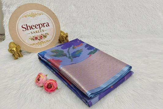 Blue Digital Flower Printed Pure Silk Saree