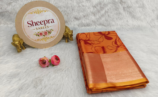 Orange Digital print Pure Silk Saree