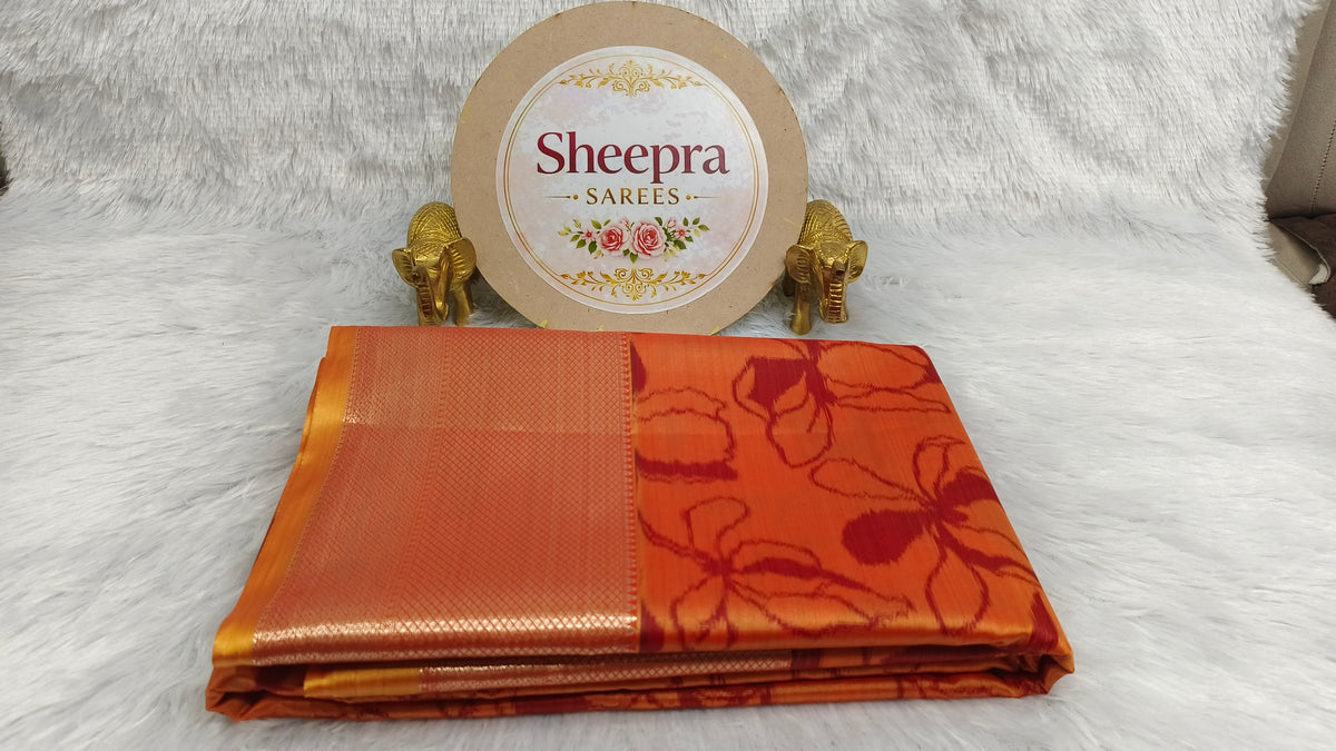 Orange Digital print Pure Silk Saree