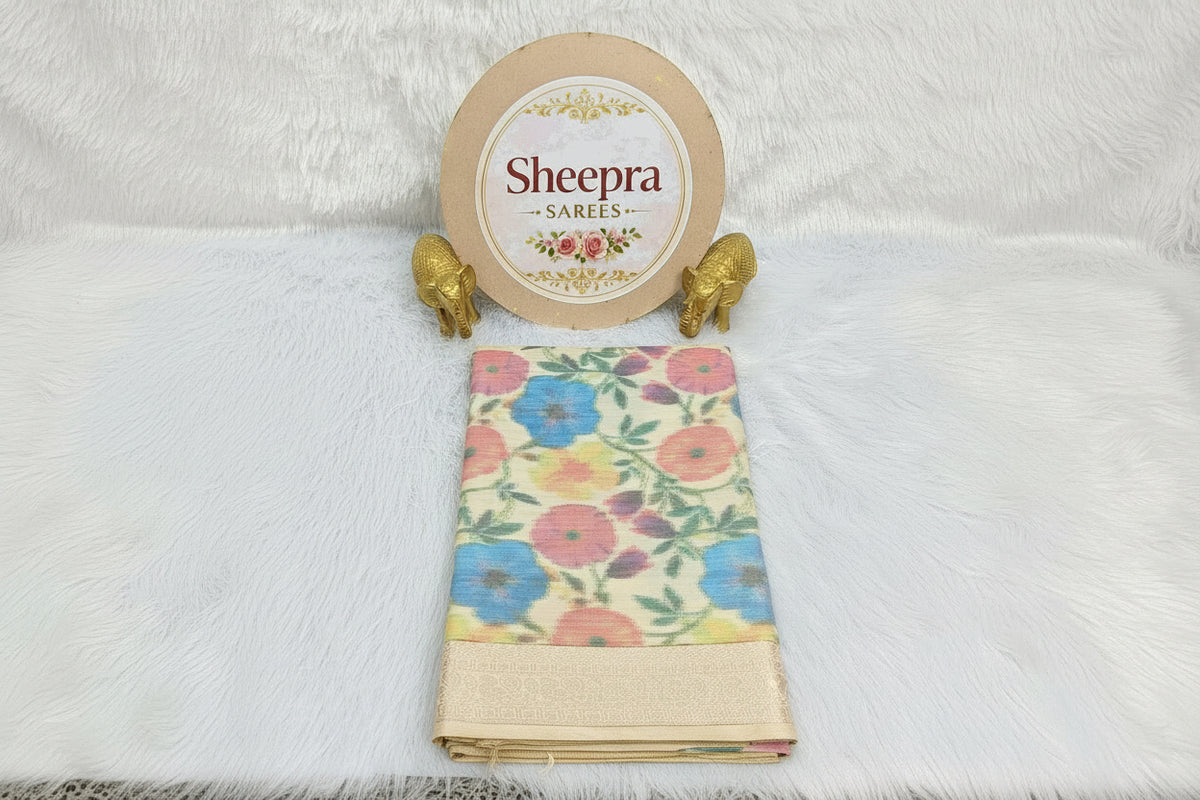 Cream Digital Multicolor Flower Printed Pure Silk Saree