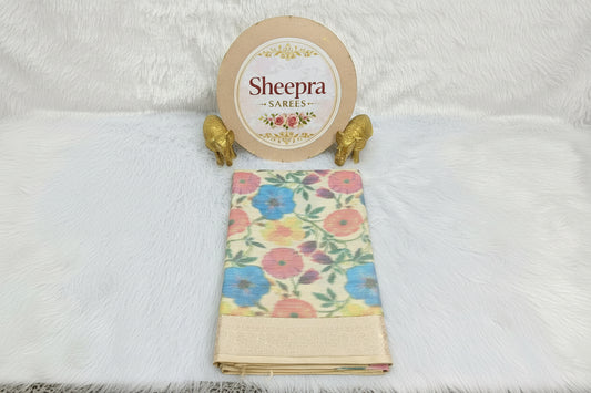 Cream Digital Multicolor Flower Printed Pure Silk Saree