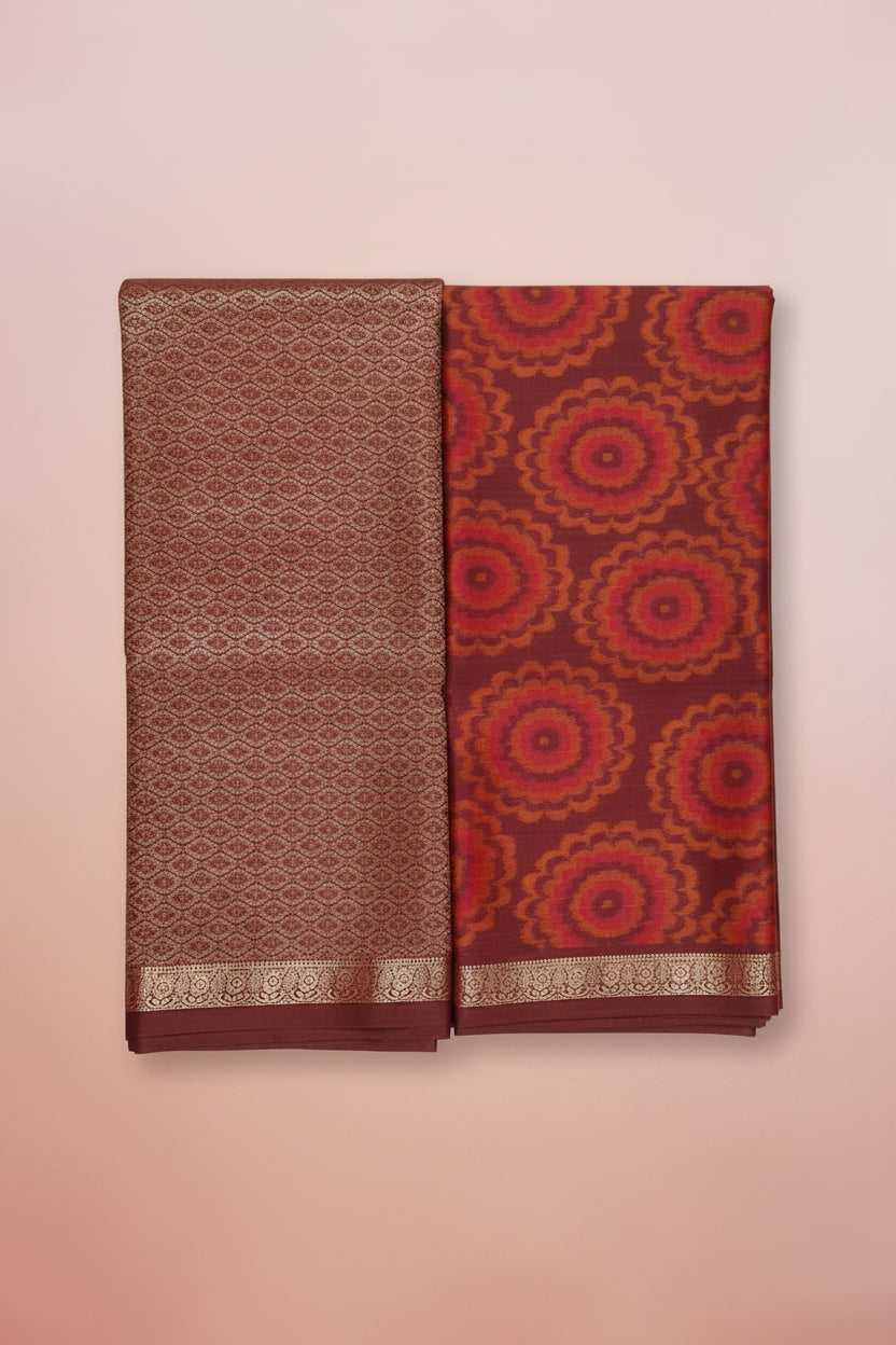 Orange Brown Digital Flower Printed Pure Silk Saree