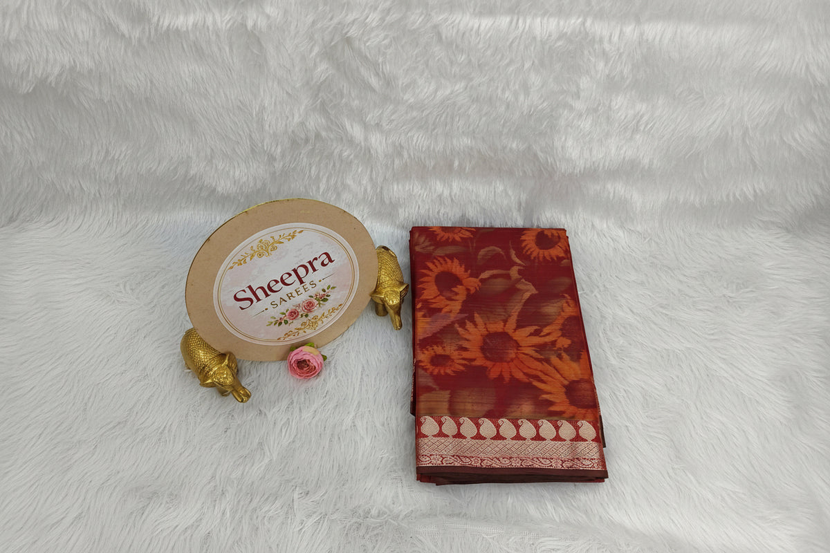 Brown Digital SunFlower Printed Pure Silk Saree