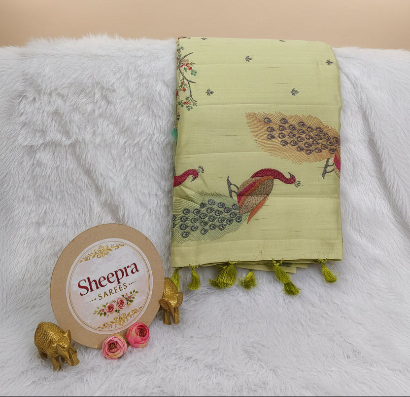 Yellowish Green Peacock Embroideried Saree
