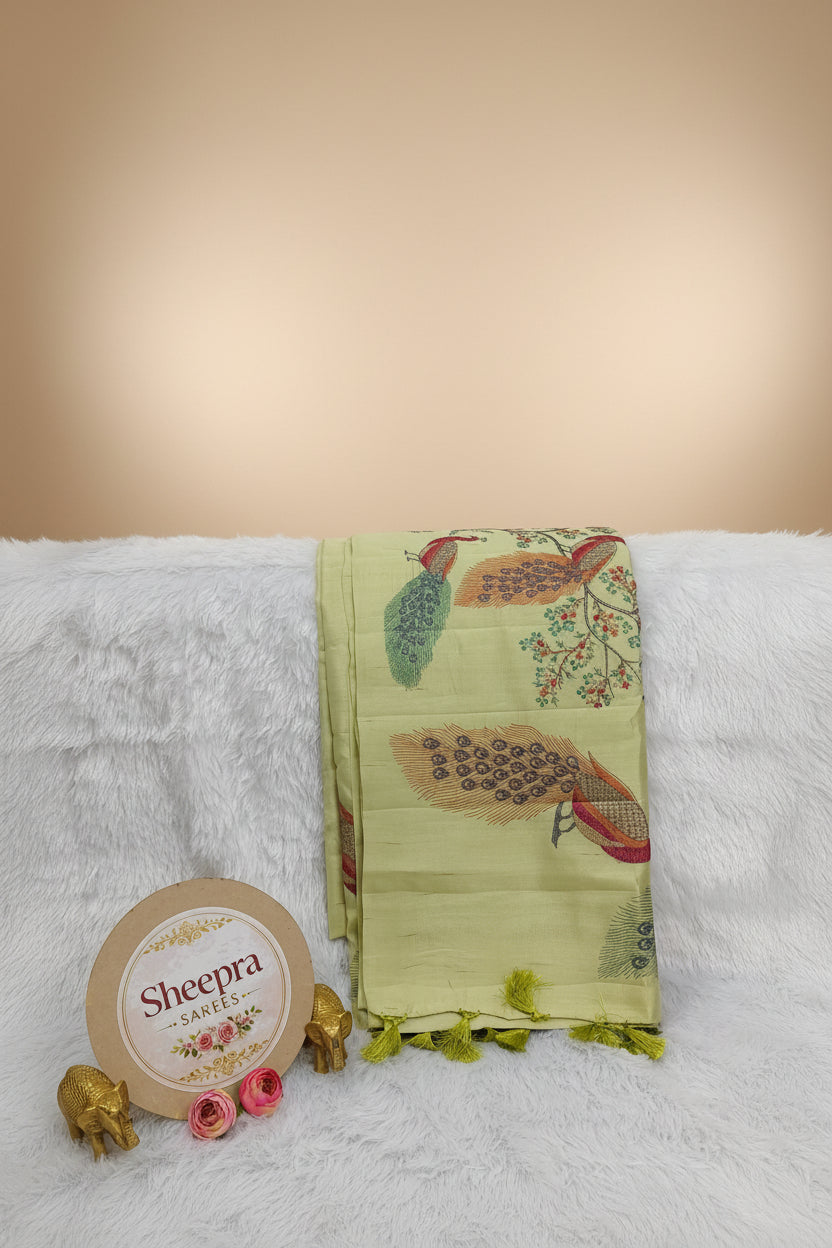 Yellowish Green Peacock Embroideried Saree