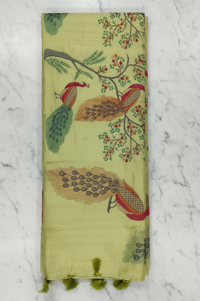 Yellowish Green Peacock Embroideried Saree