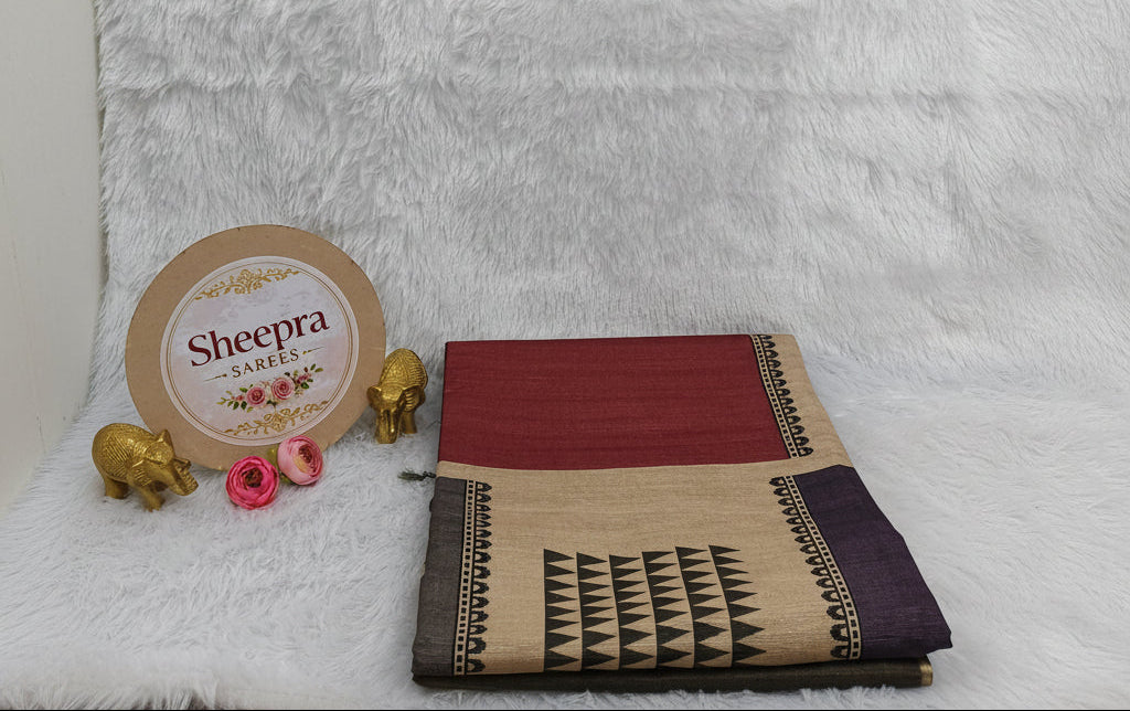 Maroon and black Tussar Silk Saree