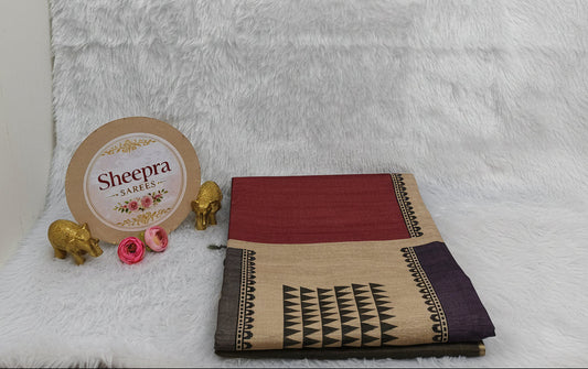 Maroon and black Tussar Silk Saree