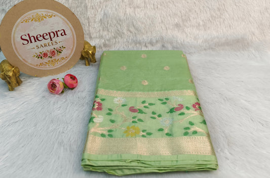 Pista Green with meenakari Border Raw Mango Silk Saree