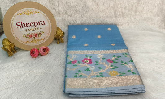 Sky Blue Raw Mango Silk Saree with Meenakari Border